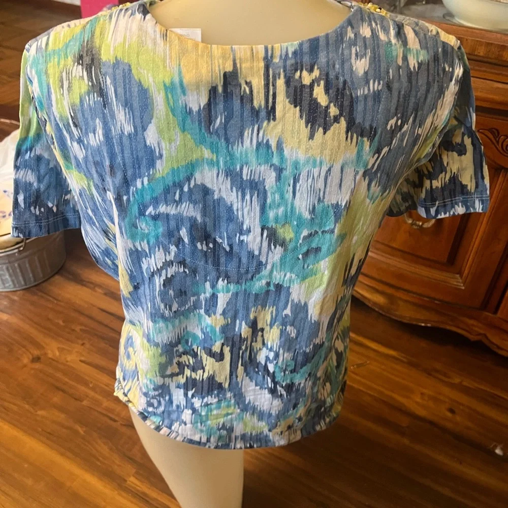 Alfred Dunner Blue and Green Flutter Sleeve Embellished Blouse - Picture 2 of 3